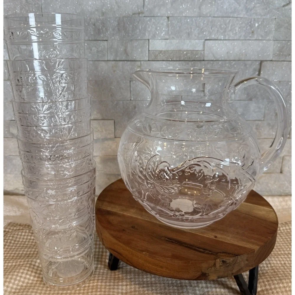 Opalhouse Butterfly Floral Pitcher & 5 Tall Tumblers Clear Acrylic Drink Set New